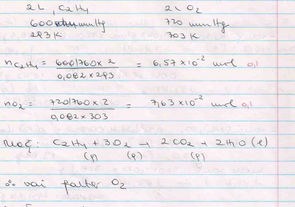 11. Uma amostra de 2 L de eteno gasoso a 600 mmhg e 20ºC é misturada cm 2 L de oxigênio gasoso a 720 mmhg e 30º C, e ocorre a seguinte reação: C 2 H 4 (g) + 3 O 2 (g) 2 CO 2 (g) + 2 H 2 O (l) a)