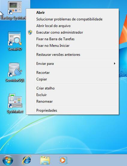 No caso dos programas do SysMarket que interagem com o sistema de gerenciamento do banco de dados SQL Server (Backup SysMarket e Servidor SQL) necessitam sempre ser executados como administrador.