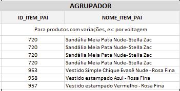 Agora será preciso informar os agrupadores de cada um dos produtos informados na tabela.