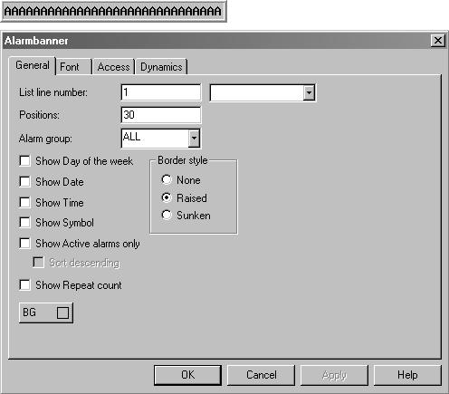 Programação Visualização gráfica e controlo 7 Banner de alarmes Objecto usado para indicar uma linha da lista de alarmes.