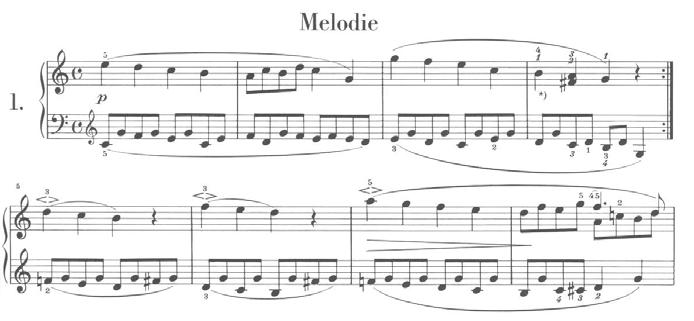 Exemplo 44a: nº 1, Melodia (compassos 1-8) Exemplo 44b: nº 3, Pequena canção para cantarolar (compassos 1-11) Exemplo 44c: nº 5, Pequena Peça (compassos 1-10) Essas três peças por suas similitudes