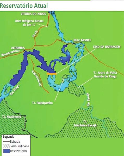 reservatório para aproximadamente 440 km², a retirada da Terra Indígena Paquiçamba da rota de inundação, e a manutenção da potência originalmente prevista.