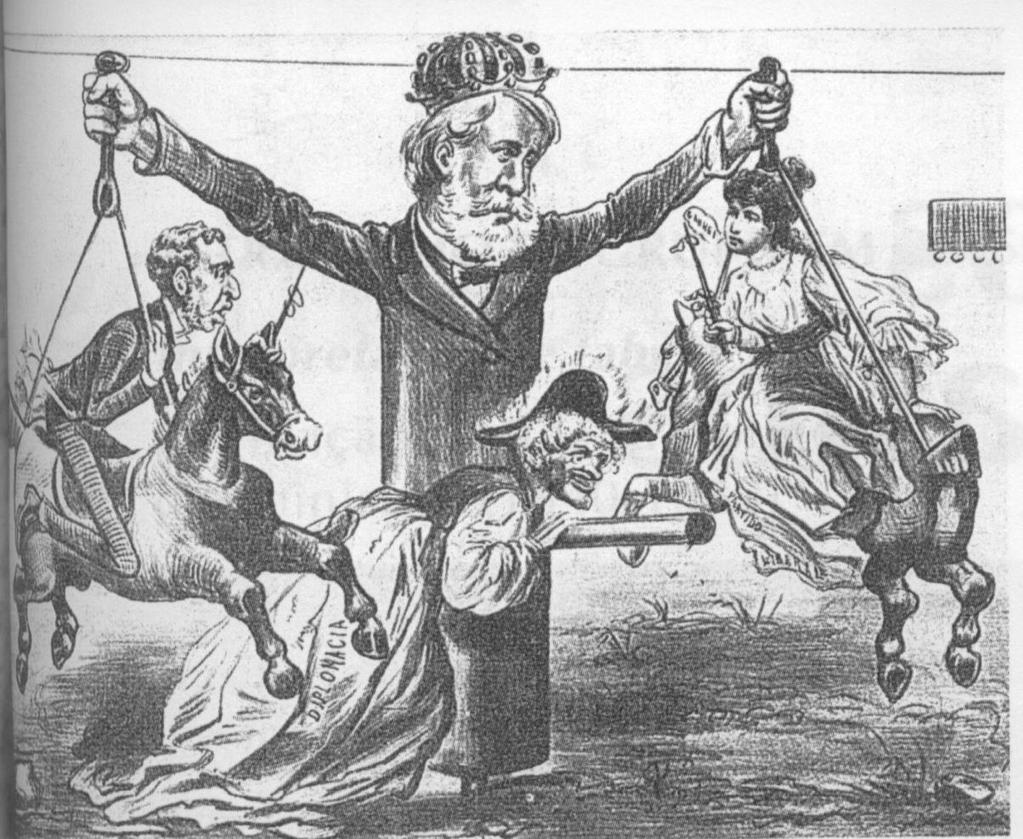 Observe a charge abaixo: Carrossel Partidário: O rei se diverte, caricatura de Faria, publicada em O Mequetrefe de 9 de janeiro de 1878, mostra D.