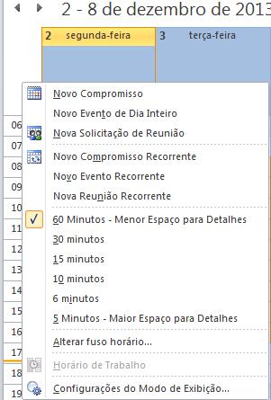 Mudar o intervalo de horários no calendário A princípio, o Outlook mostra intervalos de 60 minutos hora no Calendário.