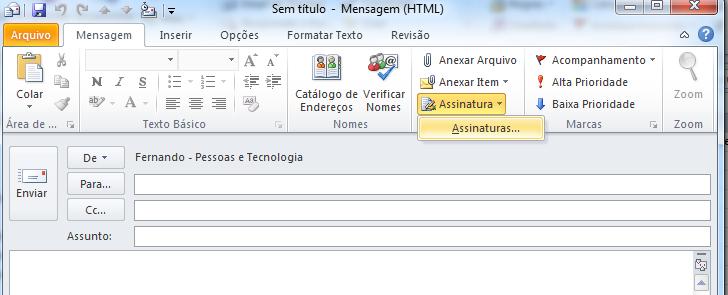 Inicie um e-mail.. No grupo Incluir, clique no botão Assinaturas e novamente em Assinaturas.