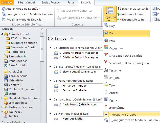 Agrupando e-mails Exibir conversas é DIFERENTE de AGRUPAR e-mails: Um AGRUPAMENTO reúne e-mails por assunto, por emissor, por data e assim por diante; Uma CONVERSA organiza e-mails por assunto,