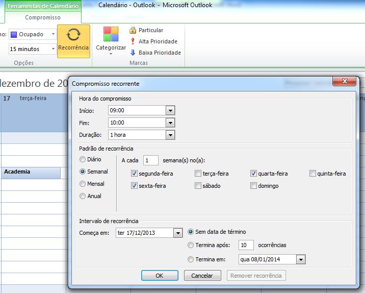 Compromissos recorrentes Muitos compromissos acontecem com uma frequência regular. É fácil definir uma recorrência no Outlook.