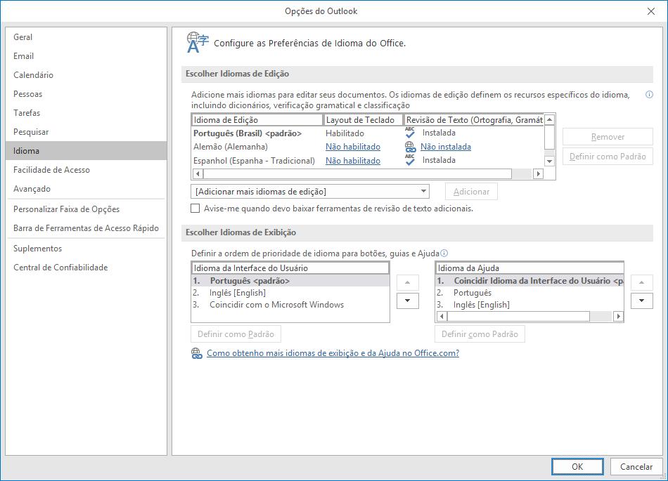 Idioma do Outlook As versões mais recentes do Outlook (e pacote Office) permitem mudar facilmente o idioma de trabalho.. Com o Outlook aberto, escolha Arquivo, Opções.