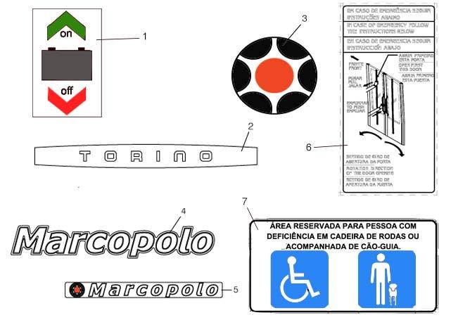 J160 - Conjunto de Adesivos 01 201-MIJ16001 ADESIVO CHAVE GERAL 02 201-MIJ16002 ADESIVO TORINO 03 201-MIJ16003 LOGOTIPO MARCOLOPO 03 201-MIJ16003 LOGOTIPO MARCOPOLO 04