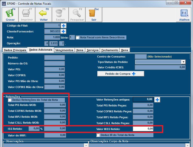 Figura 2: Campos de Retenção para Notas Fiscais de Serviço Geração dos Vencimentos ATENÇÃO! O sistema SEMPRE efetua a dedução dos impostos, informado para retenção, nos vencimentos gerados.