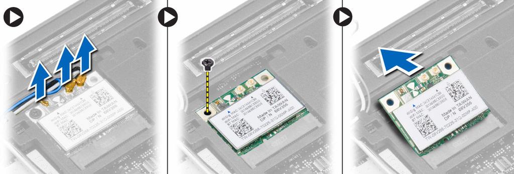 a. acabamento do teclado b. tampa da base c. bateria 7. Siga os procedimentos descritos em Após trabalhar na parte interna do computador. Como remover a placa WLAN 1.