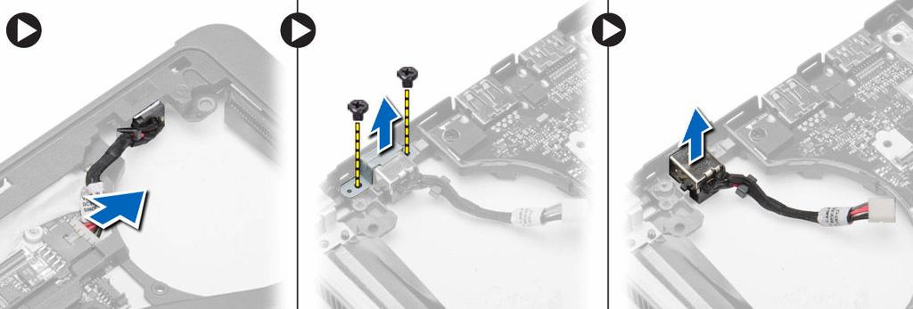 Como remover o conector de alimentação 1. Siga os procedimentos descritos em Antes de trabalhar na parte interna do computador. 2. Remova: a. cartão SD b. bateria c. tampa da base d. teclado e.