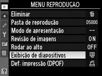 Apresentação de diapositivos A opção Exibição de diapositivos no menu de reprodução é usada para fazer uma apresentação das fotografias na pasta de reprodução actual (0 146).