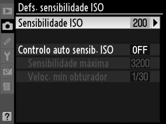 Defs. sensibilidade ISO Botão G C menu de disparo Ajuste de sensibilidade ISO (0 74). Controlo auto sensib. ISO Se seleccionar Desligado para o Controlo auto sensib.