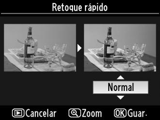 Retoque rápido Botão G menu de retoque N Criar cópias com saturação e contraste aumentados. D-Lighting é aplicado conforme necessário para aclarar motivos escuros ou a contraluz.