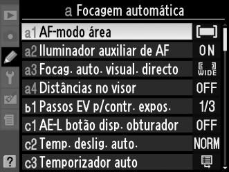 3 Seleccionar um modo de área de AF. Realce uma das seguintes opções e prima J.