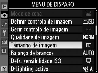 Tamanho de imagem O tamanho de imagem é medido em pixéis. 1 Coloque o cursor no ecrã de informação. Se a informação de disparo não for apresentada no monitor, prima o botão R.