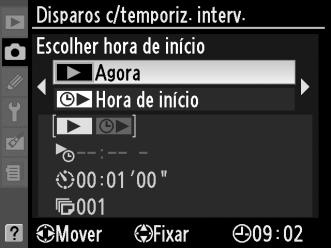 Fotografia de temporizador de intervalos A câmara está equipada para tirar fotografias automaticamente a intervalos predefinidos. 1 Seleccione Disparos c/temporiz. interv. Para visualizar os menus, prima o botão G.