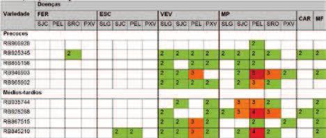 106 Sistema de Produção da Cana-de-açúcar para o Rio Grande do Sul Locais Doenças SB* SLG PX SJ PEL Média Mancha parda (MP) 0 6 3 28 80 23 Podridão do colmo (PC) 0 15 0-0 4 Ferrugem (FER) 0 13 2 18