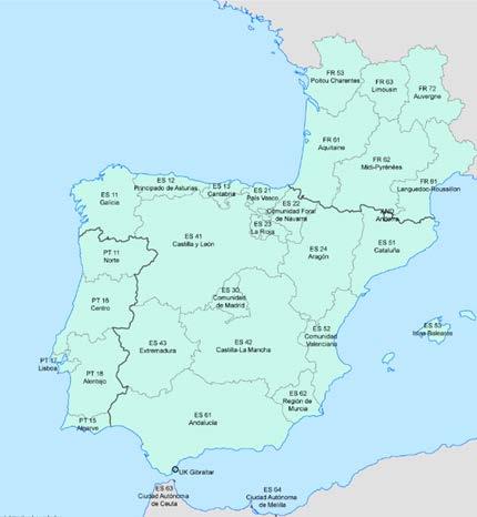 2 Localização geográfica O território elegível do Programa Interreg Sudoe é constituído pelas seguintes regiões e cidades autónomas de quatro Estados Membros (Espanha, França, Portugal e Reino Unido