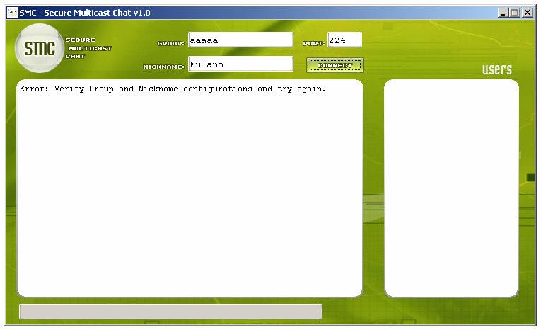 35 Figura 14. Tentativa e erro de conexão. A Figura 15 exibe o um caso em que dois usuários se conectam com sucesso em um grupo numa determinada porta e usando a mesma cifra na sessão.