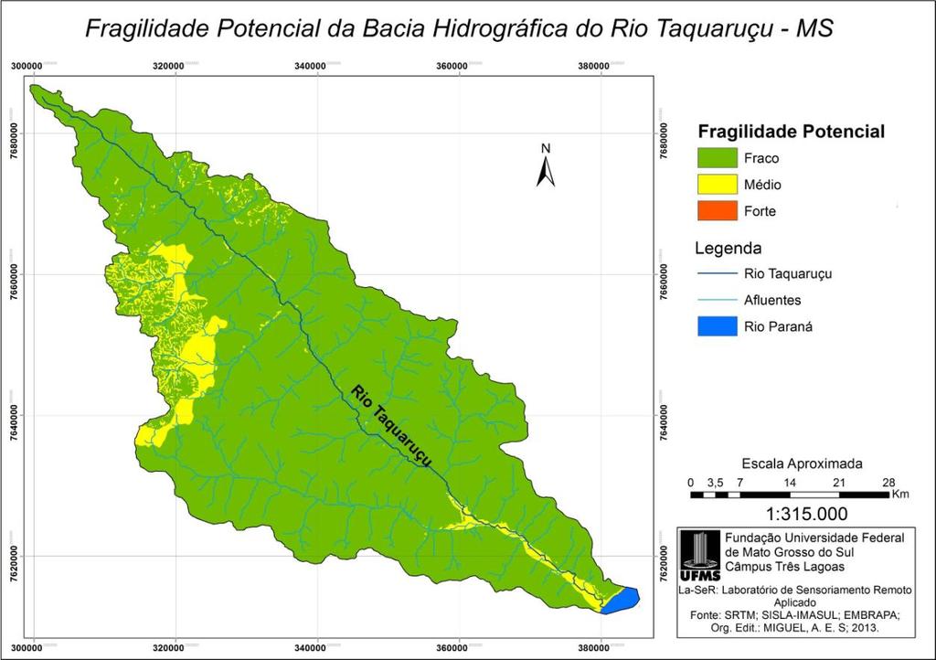 Figura 26: Carta de Fragilidade Potencial da bacia hidrográfica do Rio Taquaruçu/MS. Tabela 12: Disposição dos graus de Fragilidade Potencial.