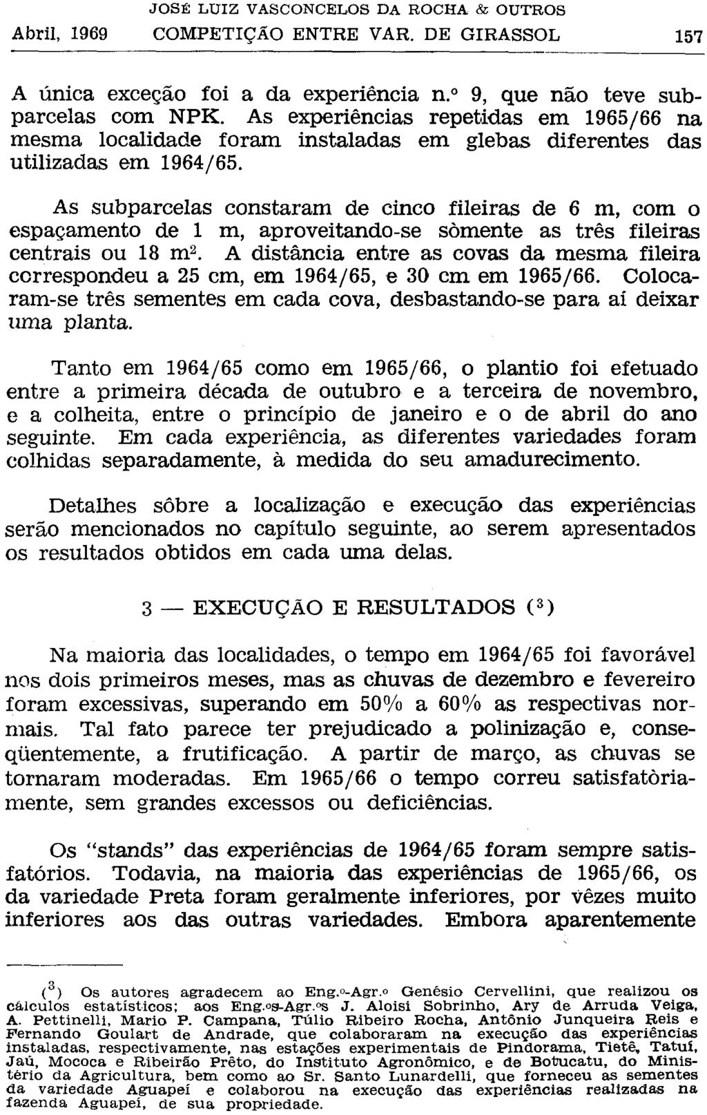 A única exceção foi a da experiência n. 9, que não teve subparcelas com NPK. As experiências repetidas em 1965/66 na mesma localidade foram instaladas em glebas diferentes das utilizadas em 1964/65.