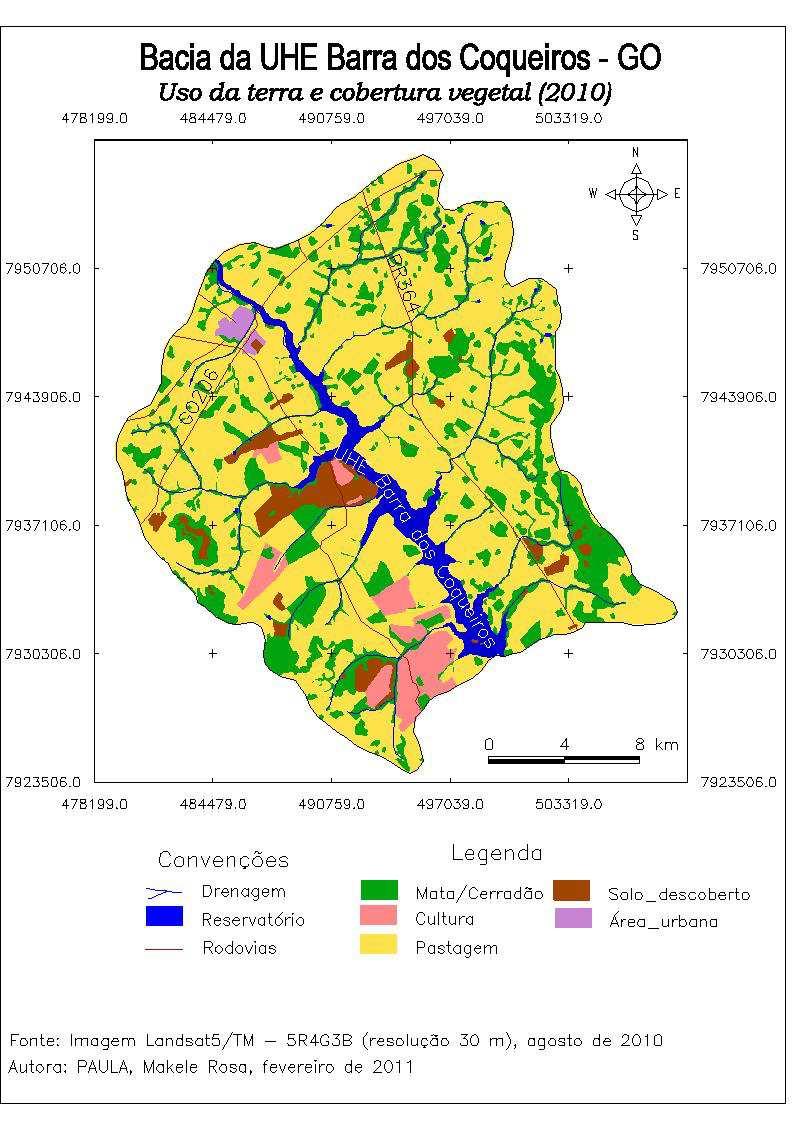 Fonte: Paula, Cabral (2011). Tabela 1 Tipos de categorias do uso da terra e respectivas áreas na bacia Barra dos Coqueiros Usos e coberturas Km % Mata 116.176.