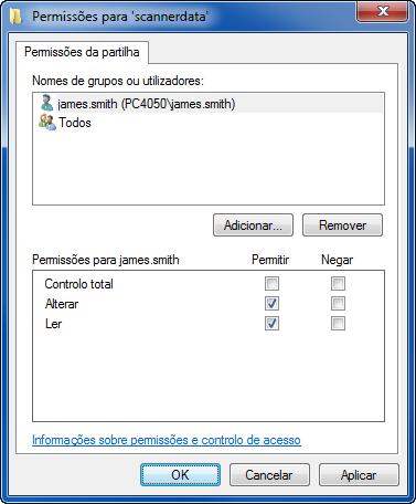 Uso Básico 6 Seleccione o utilizador inserido, seleccione as permissões de Alterar e Ler e clique no botão OK. No Windows XP, avance até ao passo 8.