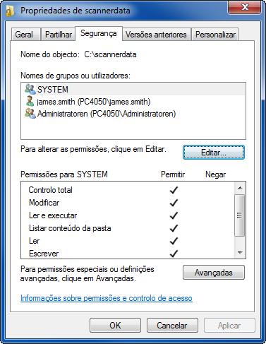 7 Clique no botão OK, no ecrã de Partilha Avançada, para fechar o ecrã. 8 Clique no separador de Segurança e, de seguida, clique no botão Editar.