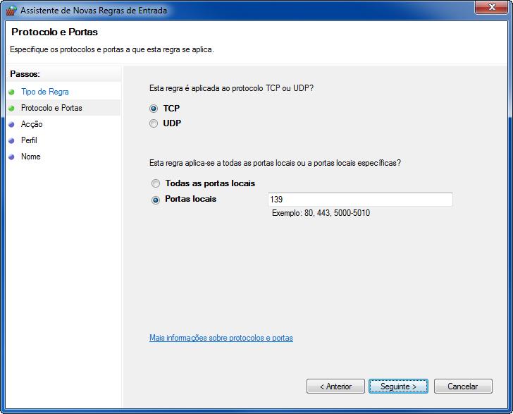Uso Básico 6 Seleccione TCP, seleccione Portas locais, insira