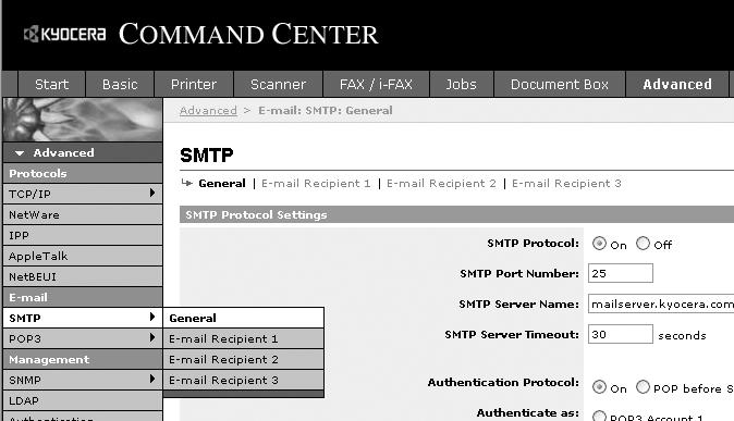 Preparativos antes da utilização Enviar E-mail A especificação das definições de SMTP permite o envio das imagens carregadas na máquina como anexos de E-mail.