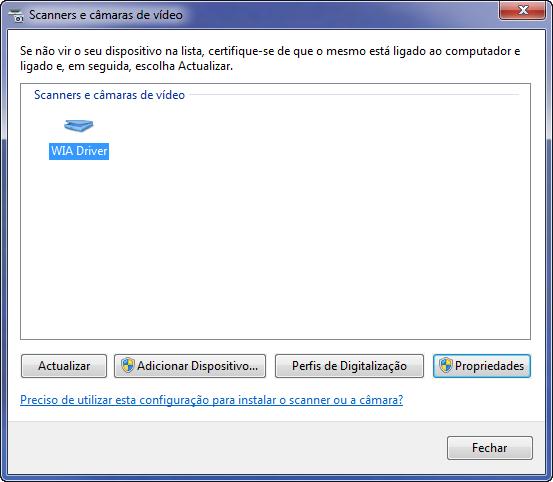 Preparativos antes da utilização 2 Seleccione um nome semelhante ao desta máquina a partir dos Drivers WIA e prima Propriedades.