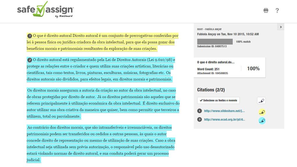 O relatório do SafeAssign mostrará o percentual de plágio identificado