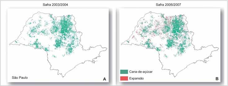 Geotecnologias 85 Os mapas com a distribuição das áreas canavieiras no estado de São Paulo, nas safras 2003/2004 e 2006/2007 podem ser vistos na Figura 5.