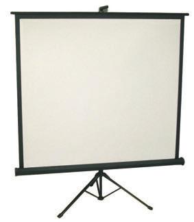 Ecran de projection pliable et réglable en hauteur. L écran est blanc, avec un cadre noir. Trépied noir pliable. Disponible en deux dimensions. Tripod projector screen.