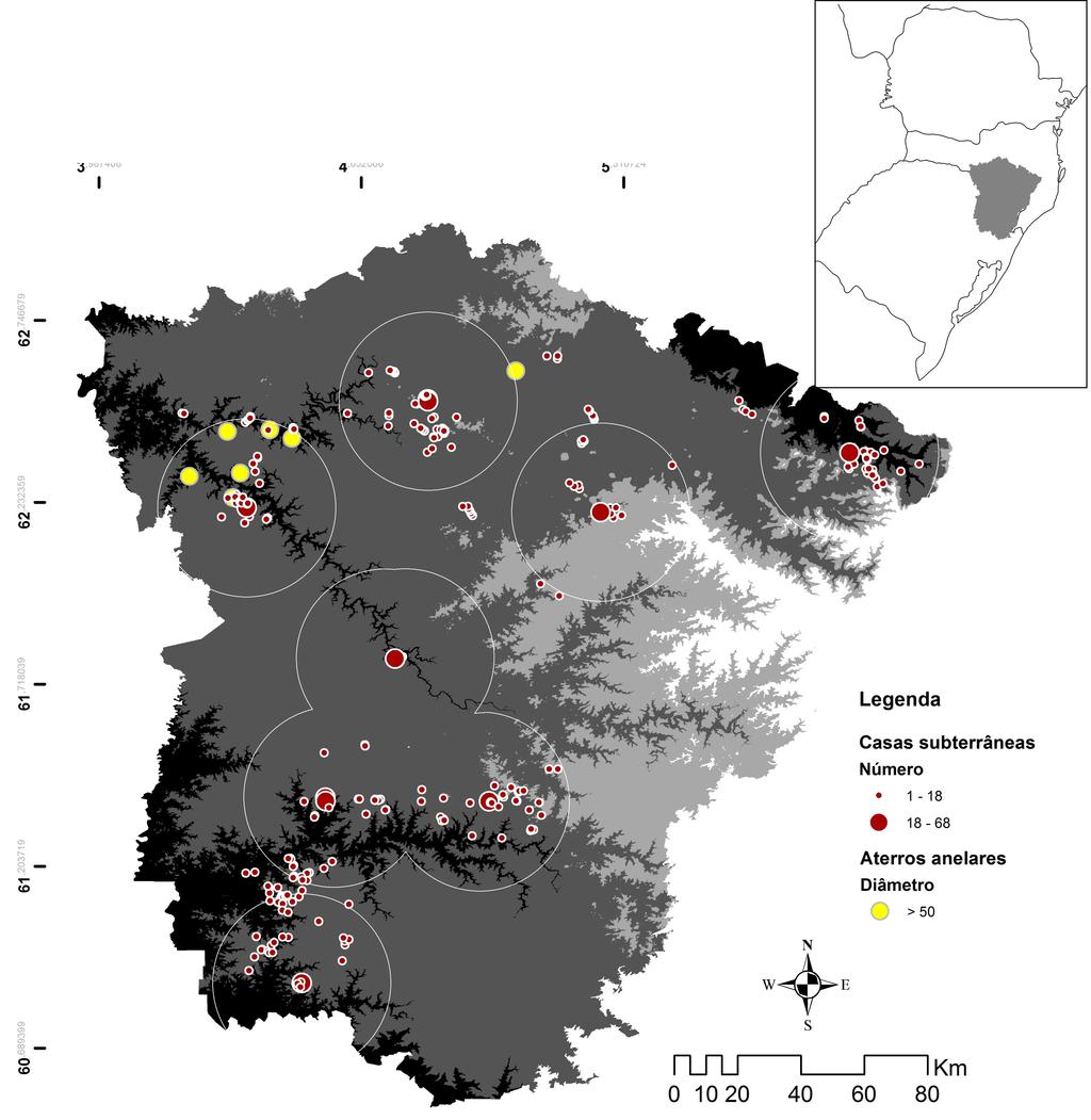 101 Figura 6.5. Sítios arqueológicos com casas subterrâneas e aterros anelares de grandes dimensões nas bacias dos rios Canoas, Pelotas e das Antas, com buffers de 28 km ao redor dos sítios densos.