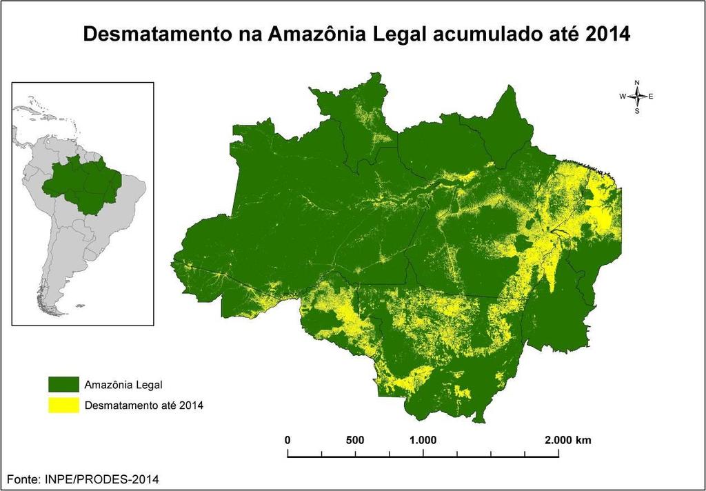 21 De acordo com os dados do INPE, a área cumulativa desmatada na Amazônia Legal brasileira até 2014 foi de aproximadamente 785 mil km², correspondendo a 19,6% da floresta.