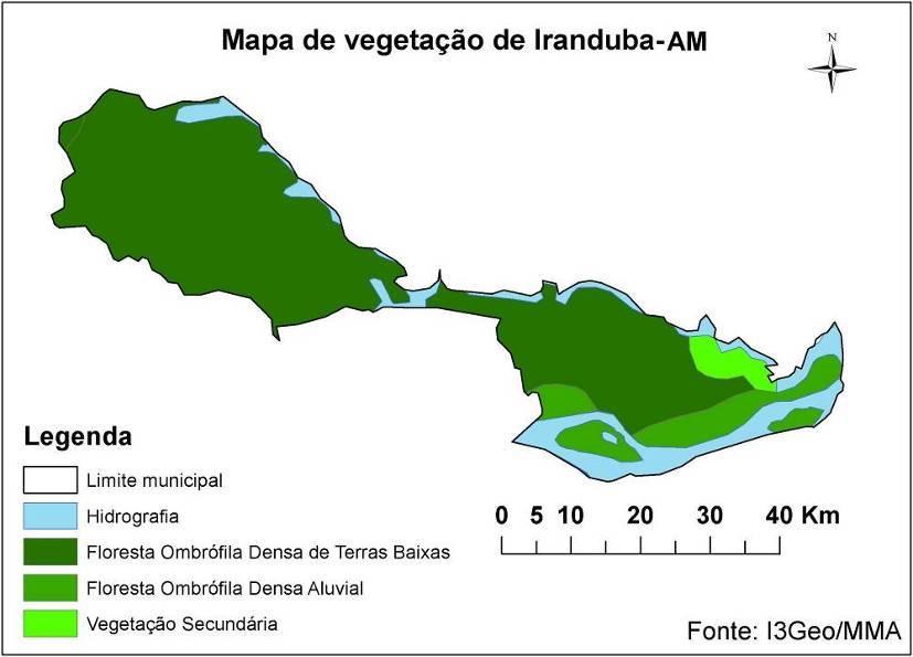 44 A vegetação na região estudada (Figura 20) é dominada pela Floresta Ombrófila Densa de Terras Baixas, com porções de Floresta Ombrófila Densa Aluvial e vegetação secundária, de acordo com a