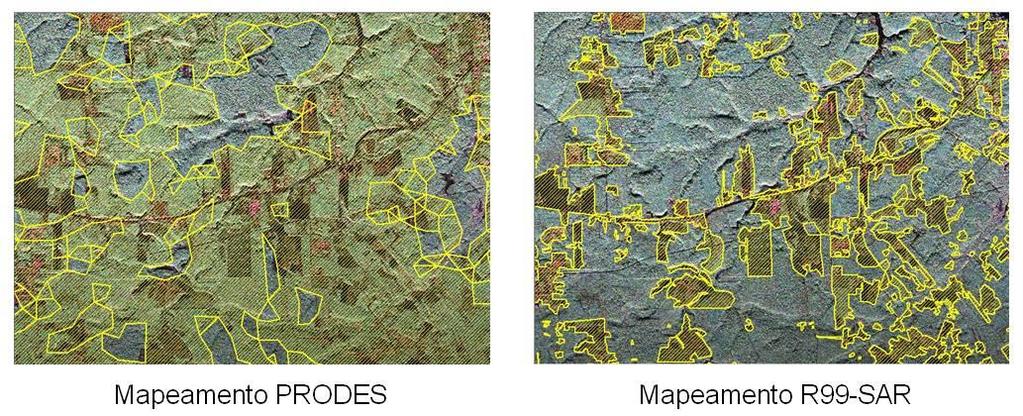 71 Figura 46. Comparação entre mapeamento PRODES e R99-SAR de uma mesma área no município de Iranduba-AM. Os polígonos amarelos hachurados correspondem a áreas desmatadas (corte raso).