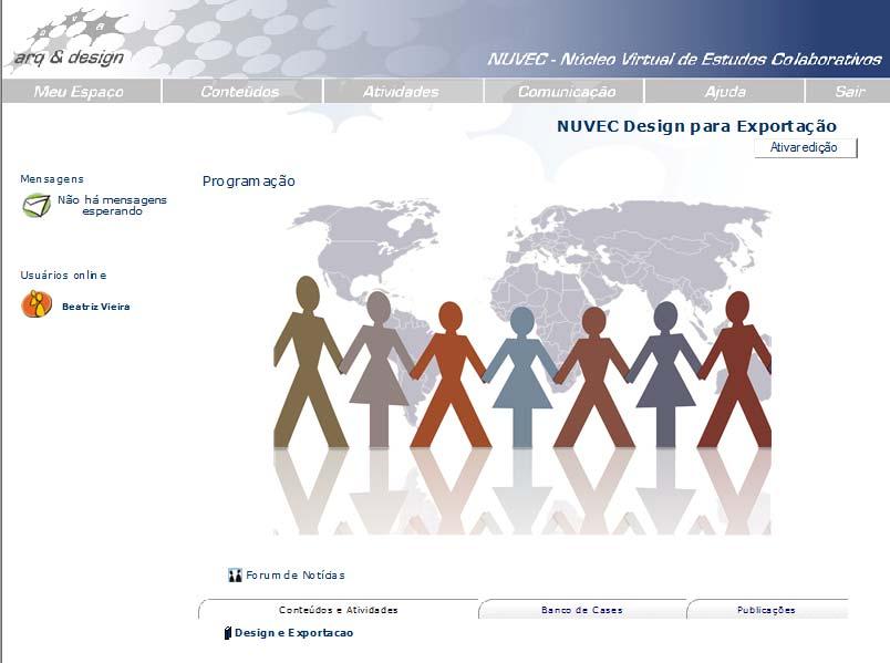 Figura 46: Estrutura do NUVEC/DE. O fórum de notícias está na abertura do ambiente, e traz notícias atuais do mercado de exportação.