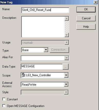 Apêndice C Uso da lógica ladder para realizar serviços de tempo de execução e de reconfiguração 5. Escolha New Tag. A caixa de diálogo New tag aparece, com o cursor no campo Name.
