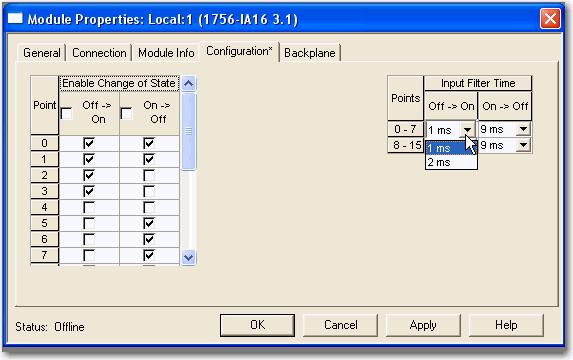 Recursos comuns do módulo Capítulo 3 Tempos de filtro configuráveis pelo software Os tempos de filtro On to Off e Off to On podem ser ajustados por meio do software RSLogix 5000 para todos os módulos