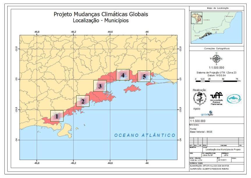 Figura 1 Localização dos mapeamentos executados nos municípios de Caraguatatuba [1], Ubatuba [2], Paraty [3], Angra dos Reis [4] e Mangaratiba [5].