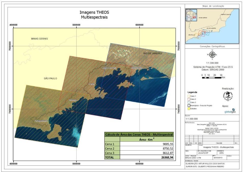 Figura 2 Localização das cenas THEOS, bandas multiespectrais. Da mesma forma as imagens pancromáticas THEOS foram submetidas à avaliação de condições de geometria e de conteúdo das bandas.