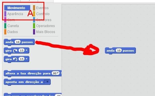 Vamos arrastar o comando Anda (10) passos da zona de comandos para a zona de programação. Este comando, sempre que executado, faz andar o nosso personagem 10 passos.