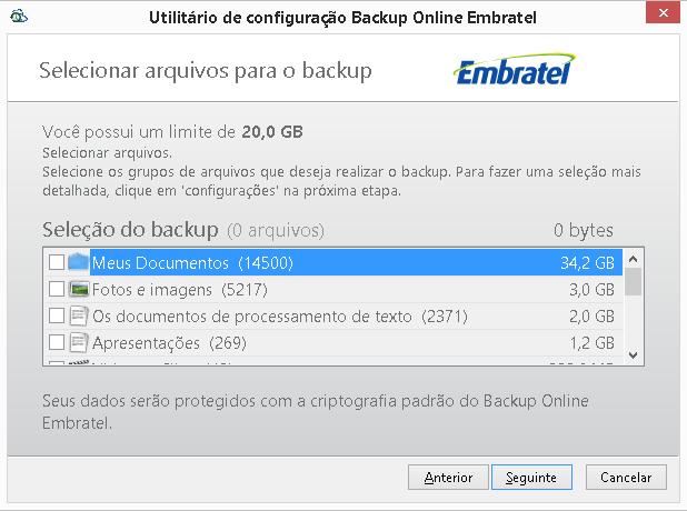 2. INSTALAÇÃO DO CLIENTE DE BACKUP Após a verificação dos arquivos será exibida a tela abaixo, indicando o seu limite de uso e permitindo selecionar o que desejar fazer backup.