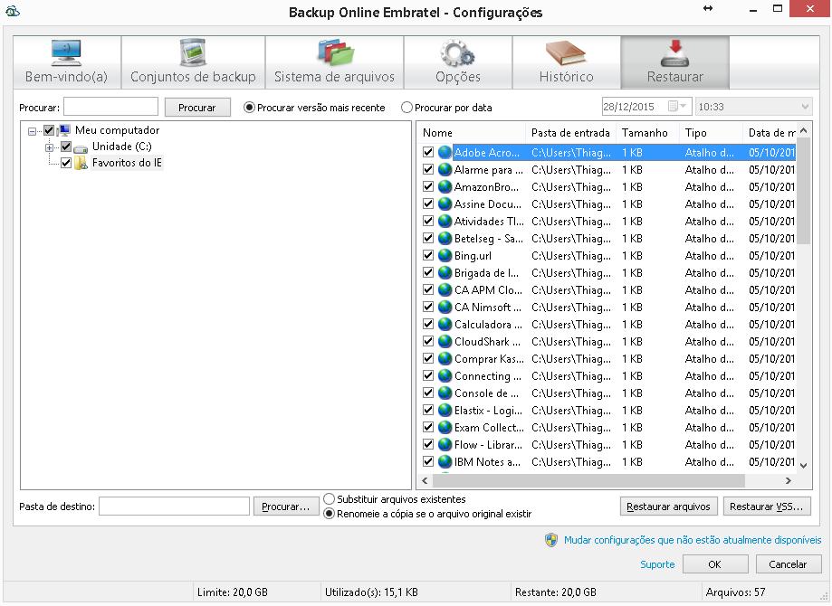 12. TELA DE CONFIGURAÇÕES RESTAURAR DO CLIENTE DE BACKUP Em Restaurar é possível selecionar o arquivo que se deseja restaurar uma versão anterior ou até mesmo onde ele ficava