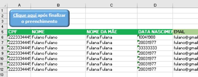 CRIE AS CONTAS DOS FUNCIONÁRIOS 12 Após abrir o arquivo Excel, para evitar erros, preencha corretamente todas as colunas e confira se há algum erro na coluna S.