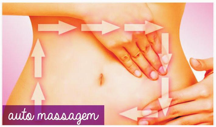 Massagem no abdômem para a melhora do trânsito intestinal: realiza-se com as mãos sobrepostas.